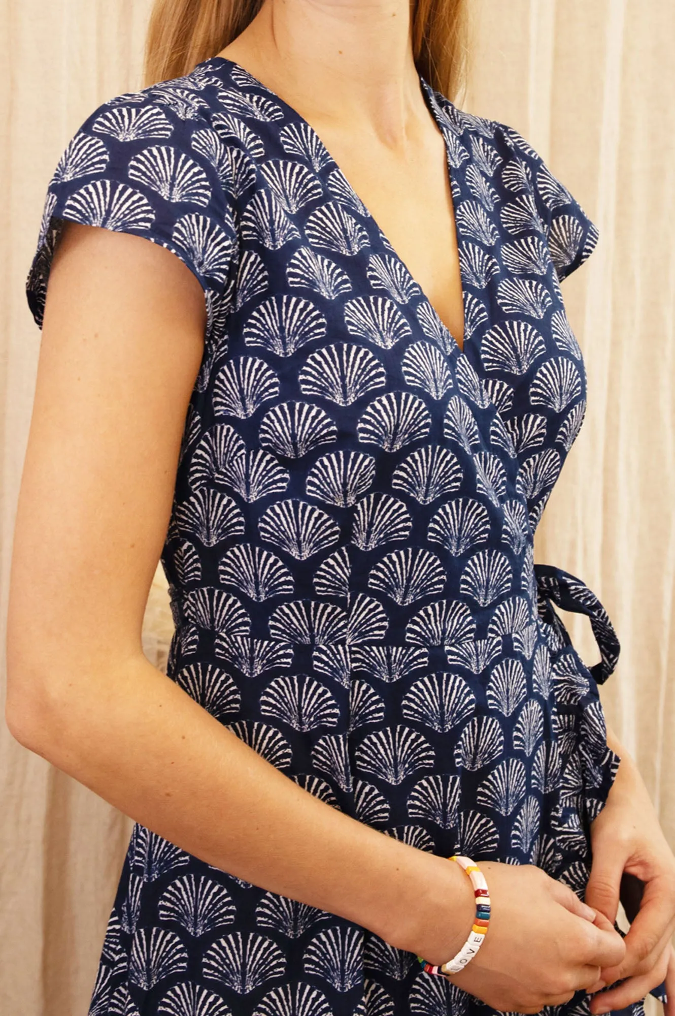 Trendy Essentials Bohemian-inspired midi Demi Organic Cotton Wrap Dress | Shell Navy/White