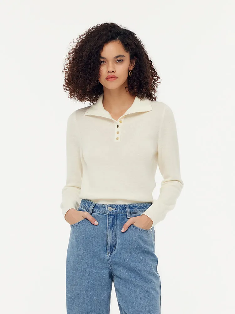 Smart Fashion 100% Wool Half Button Turtleneck Women Sweater