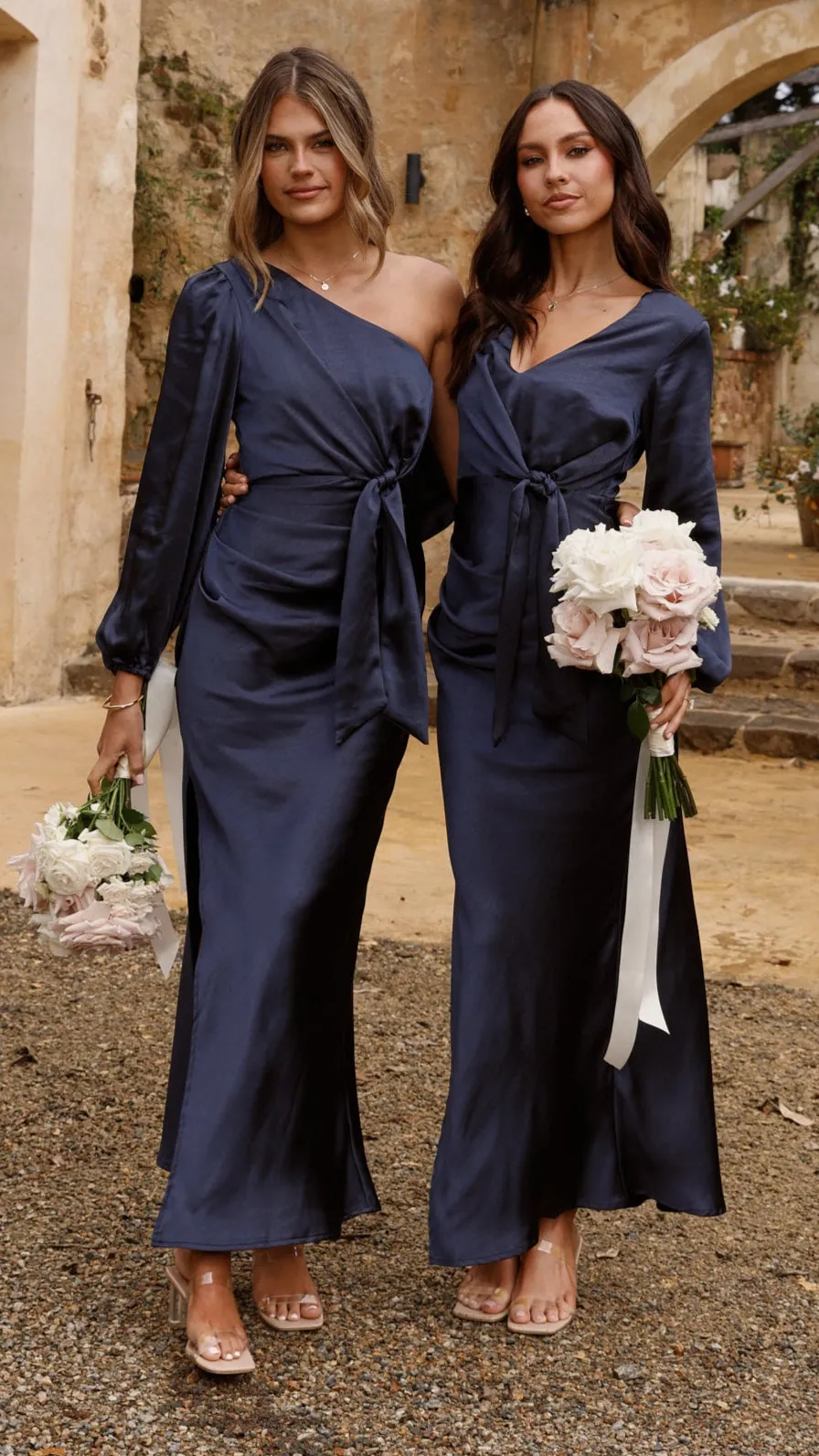 Front Button Eden One Shoulder Tie Front Maxi Dress - Navy