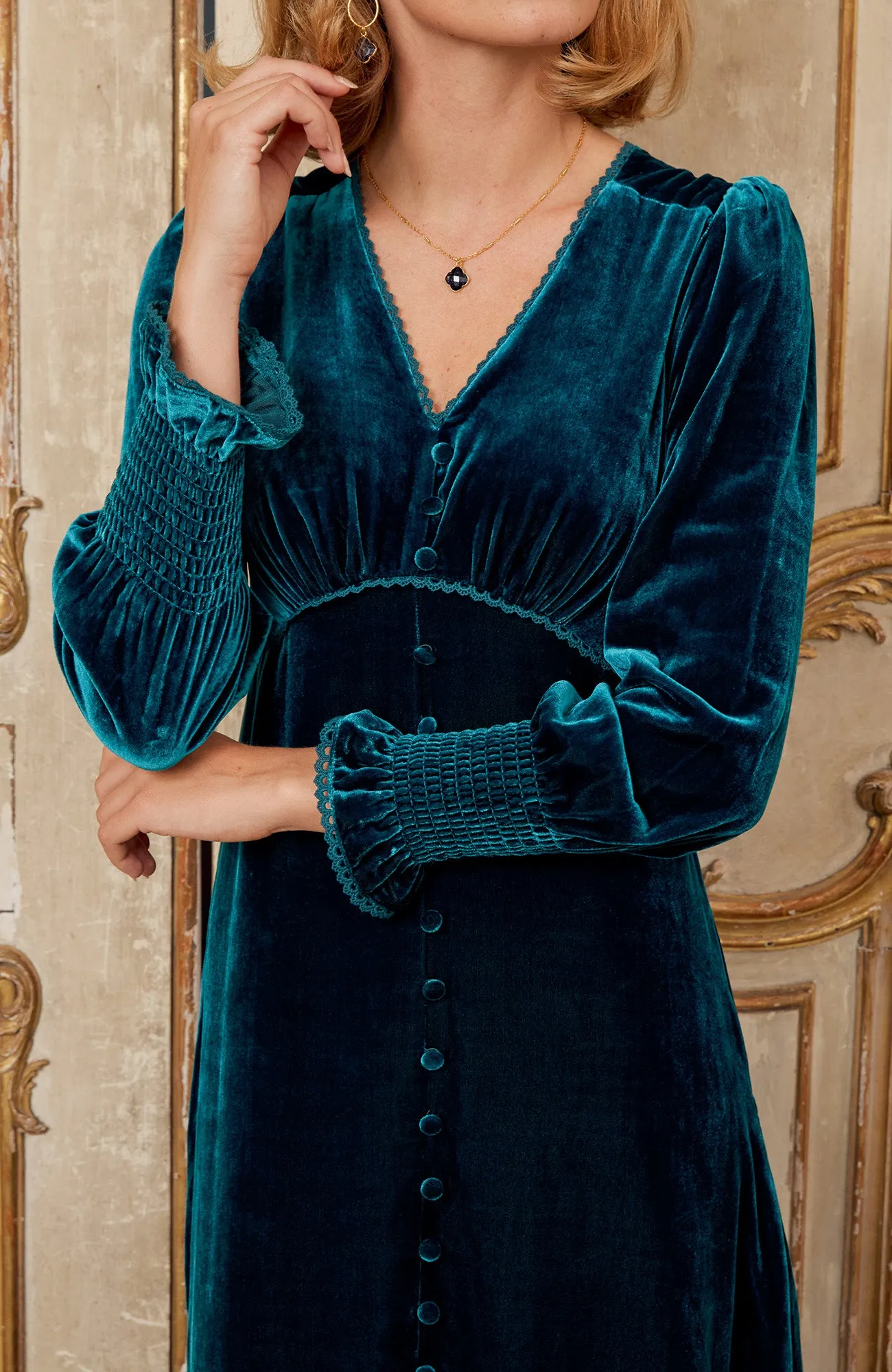 Sally Anne Velvet Long Sleeve Dress | Teal Garden Stroll Airy Shape
