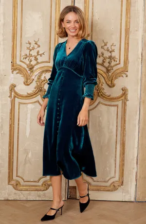 Timeless Silhouettes Free Movement Sally Anne Velvet Long Sleeve Dress | Teal