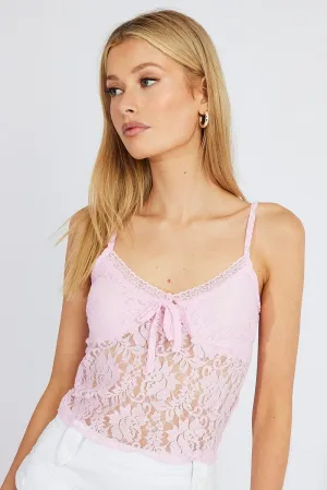 HighNeckStyle Pink Fitted Cami Lace