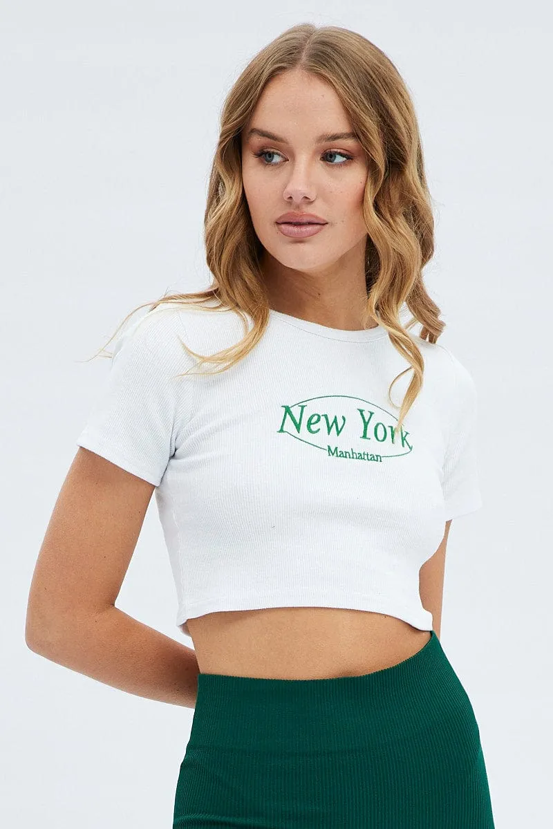 Non Shrink Material White Tee Crop Short Sleeve New York Embroidery