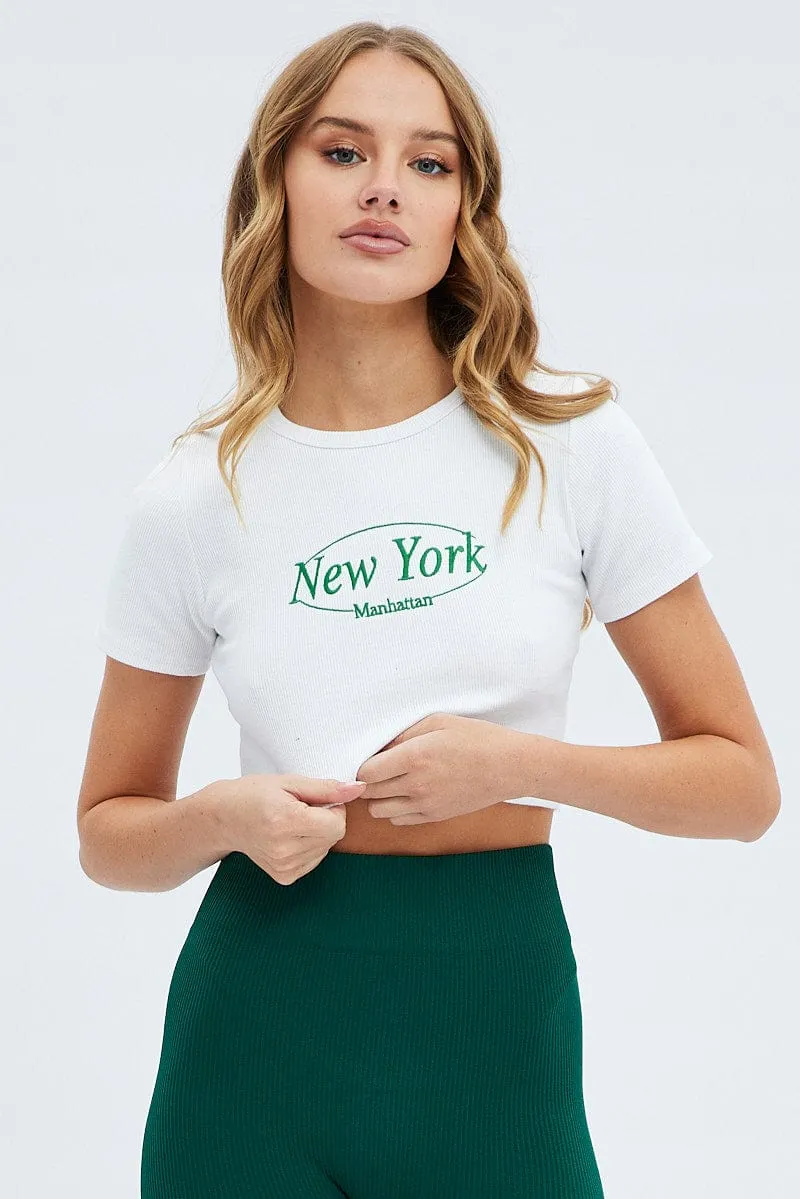 White Tee Crop Short Sleeve New York Embroidery Flattering Shape Flexible Neckline