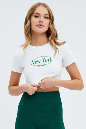 White Tee Crop Short Sleeve New York Embroidery Flattering Shape Flexible Neckline