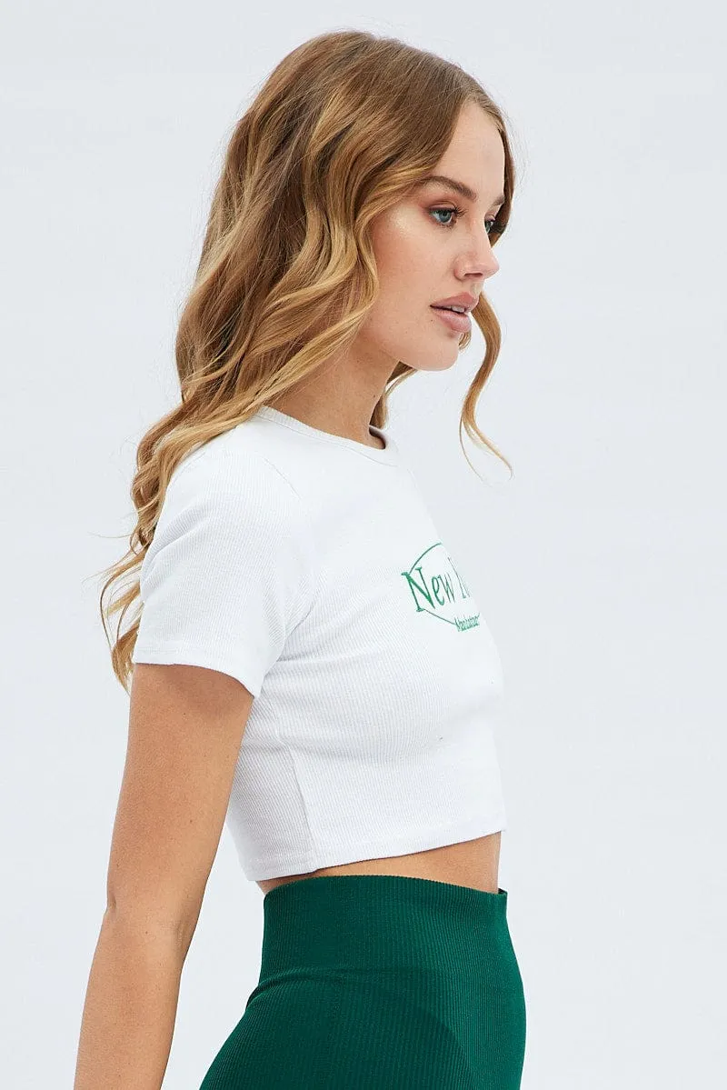 Silk combination White Tee Crop Short Sleeve New York Embroidery