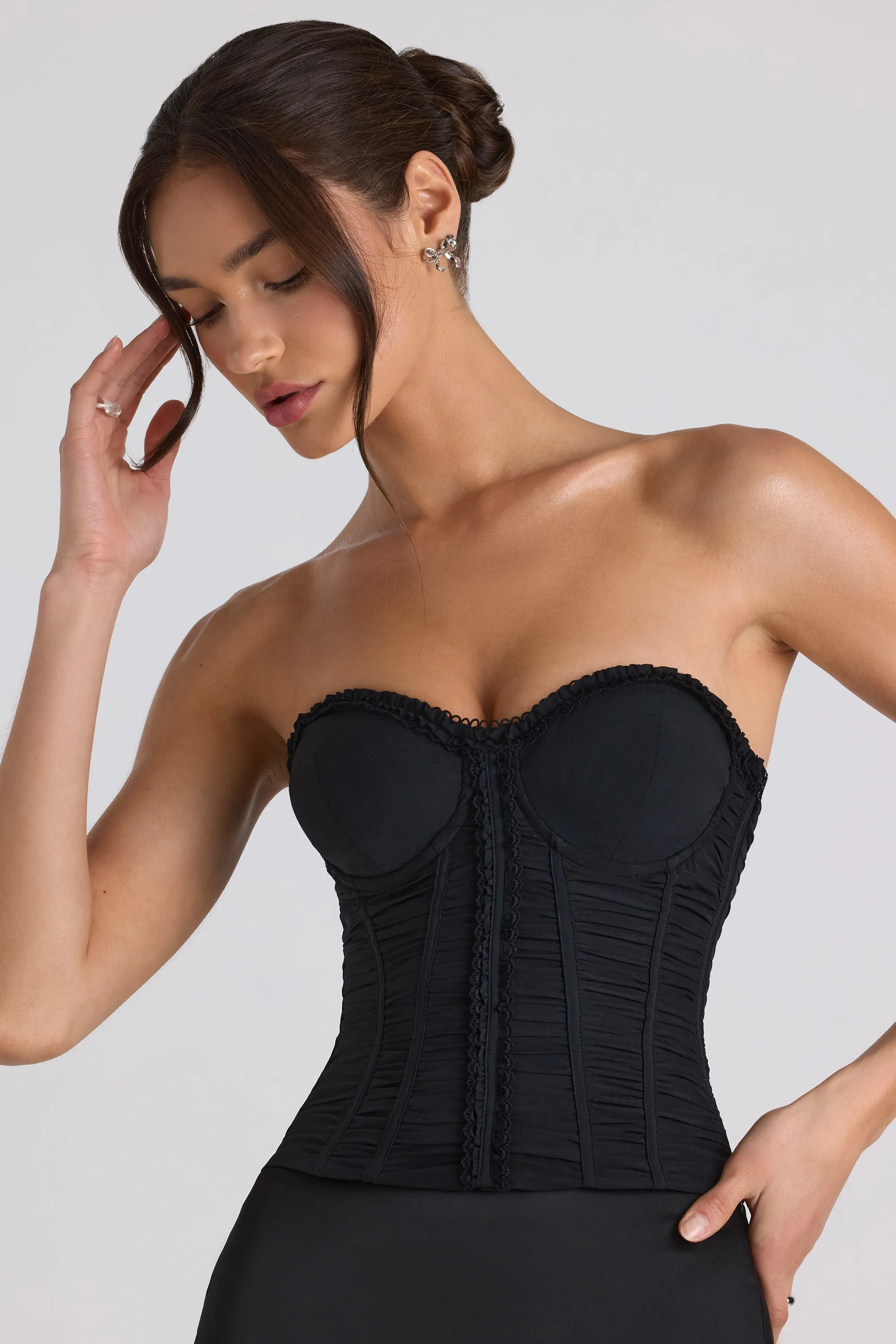 AbrasionResistant Material Ruched Lace-Up Strapless Corset Top in Black