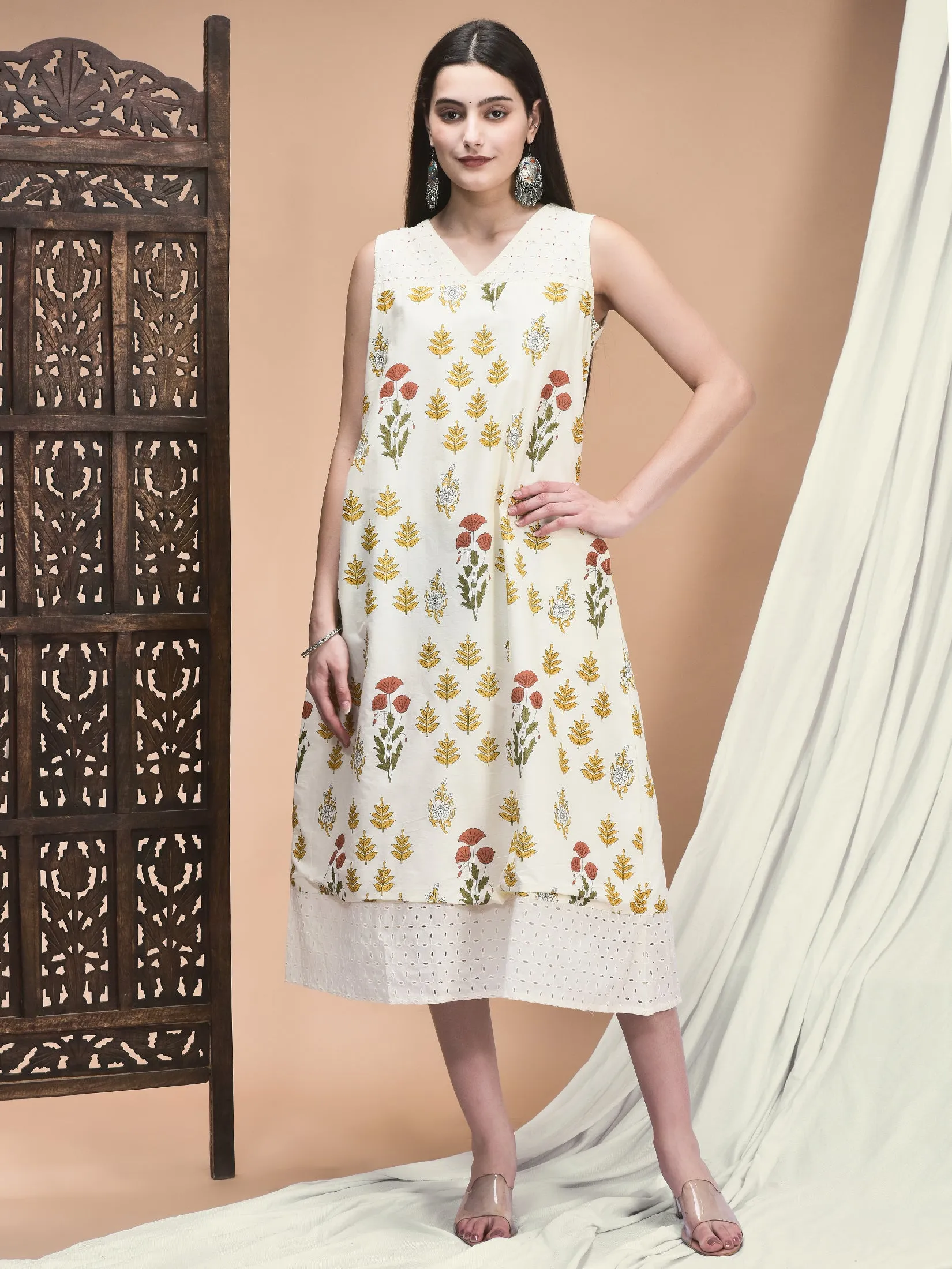 Island Vibe Office Mood Women Cambric Off White Jaipur Motifs Print Dress