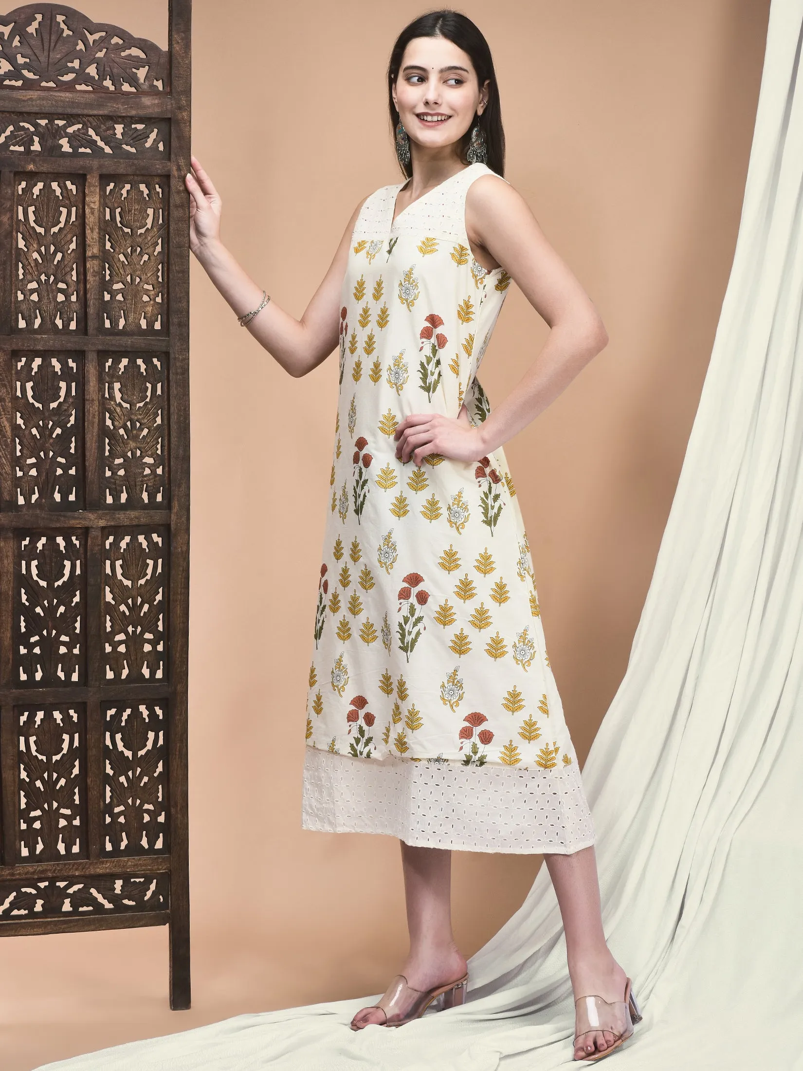 Eco Core FourWay Stretch Women Cambric Off White Jaipur Motifs Print Dress