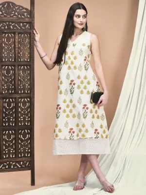 Easy Breath FadeResistantColors Women Cambric Off White Jaipur Motifs Print Dress