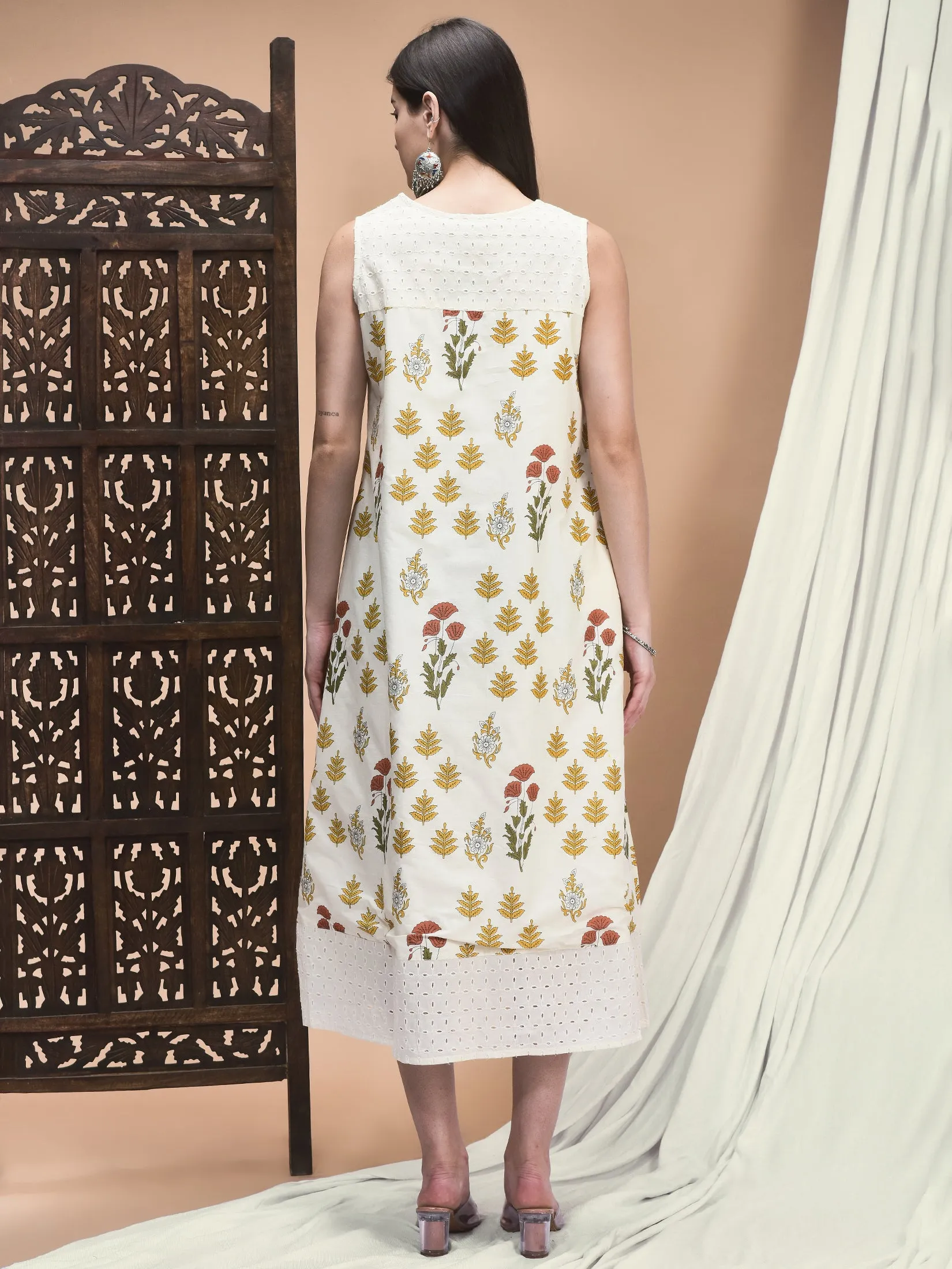 Women Cambric Off White Jaipur Motifs Print Dress Dad Core Tribal Soul