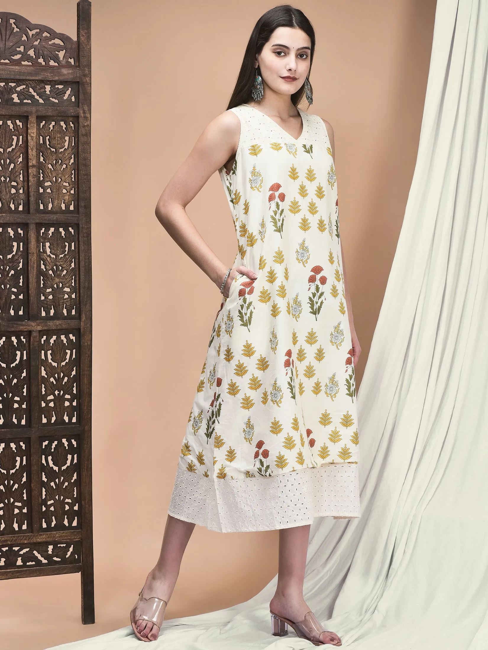 HeatReflective Lining Women Cambric Off White Jaipur Motifs Print Dress