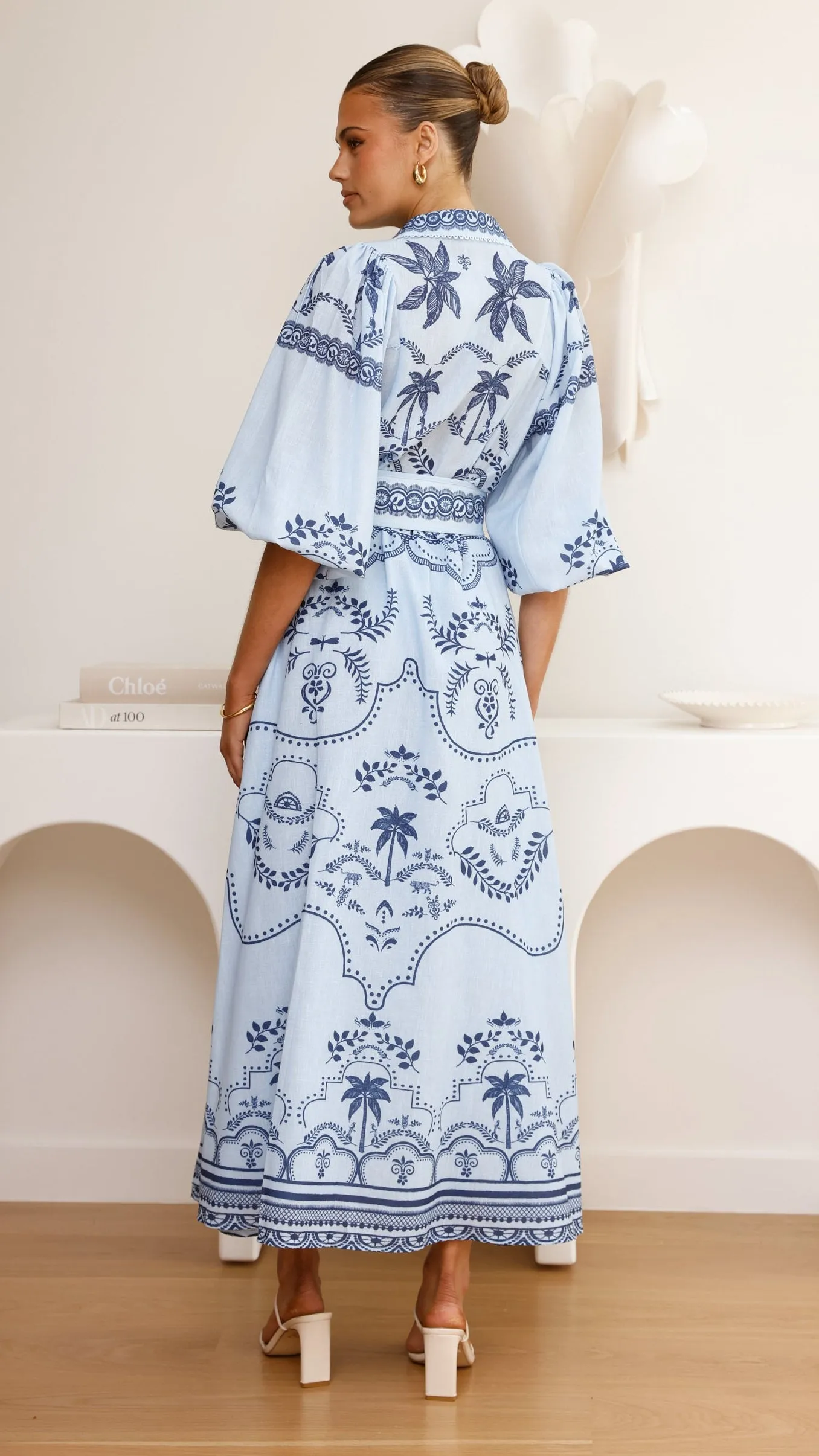 Xander Long Sleeve Maxi Dress - Indigo Silk Drape Red Glow