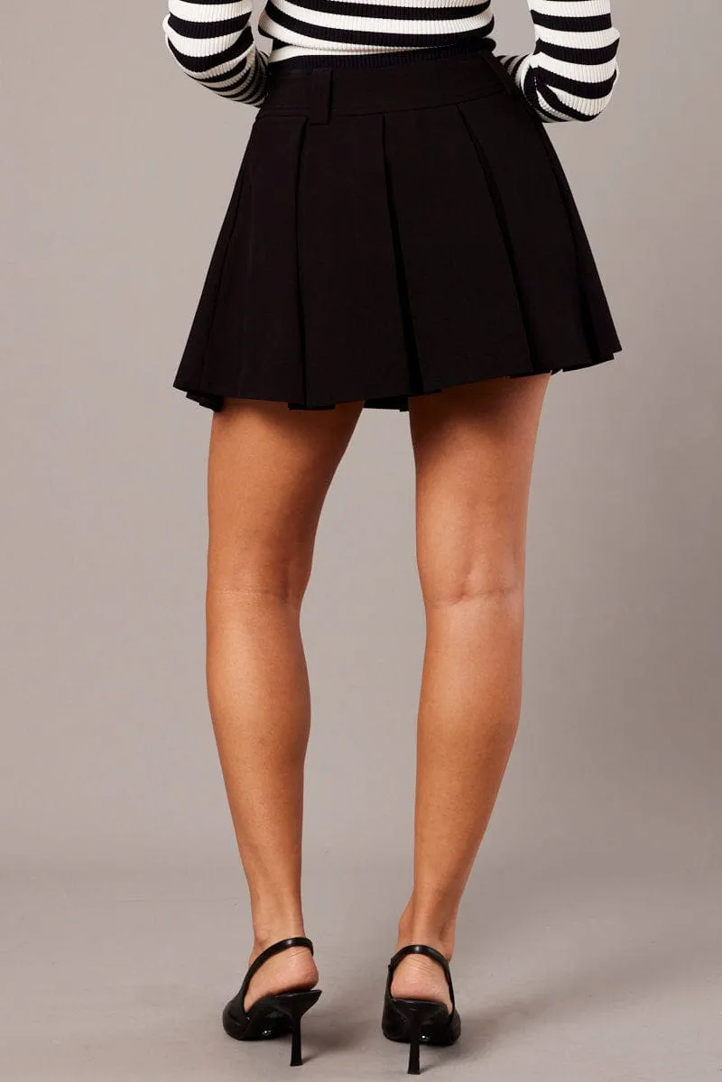 Feminine Charm Twist Knot Details Black Tennis Skirt Pleated Mini