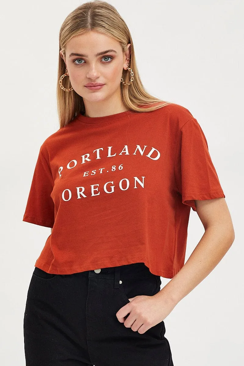 Fashion Must-Have Brown Graphic T-Shirt Short Sleeve Crop