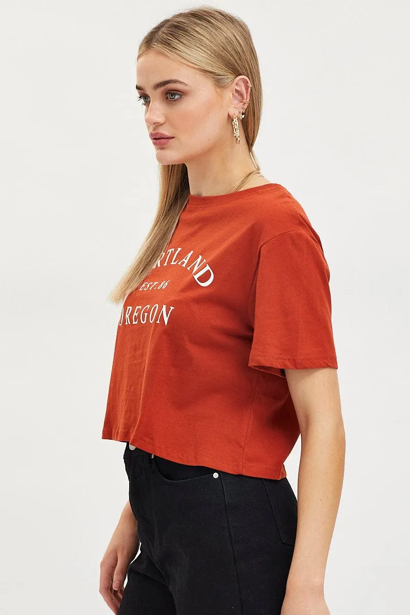 Brown Graphic T-Shirt Short Sleeve Crop Outdoor Trend Look
