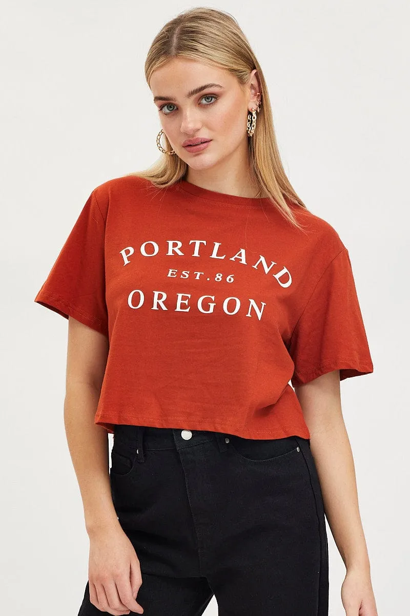 DoubleStitched Seams ReinforcedHems Brown Graphic T-Shirt Short Sleeve Crop