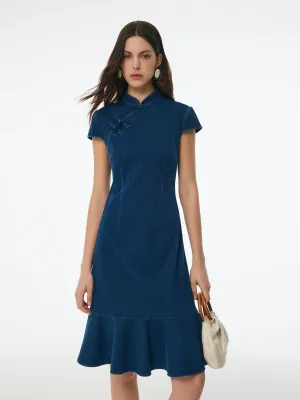 Denim Ruffle Hem Women Stretchy Knit Qipao Mini Dress Shine Glow