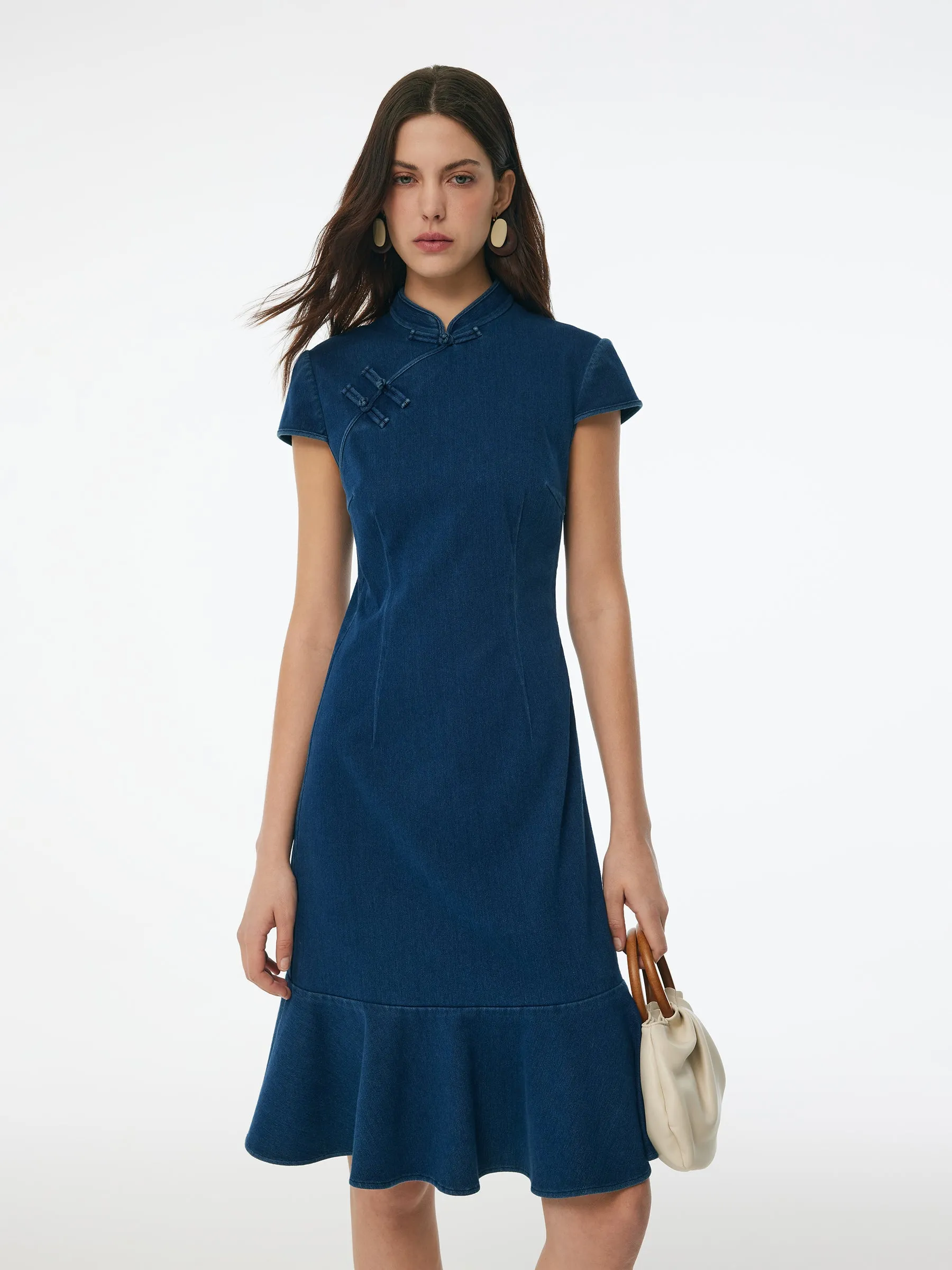 Denim Ruffle Hem Women Stretchy Knit Qipao Mini Dress Shine Glow