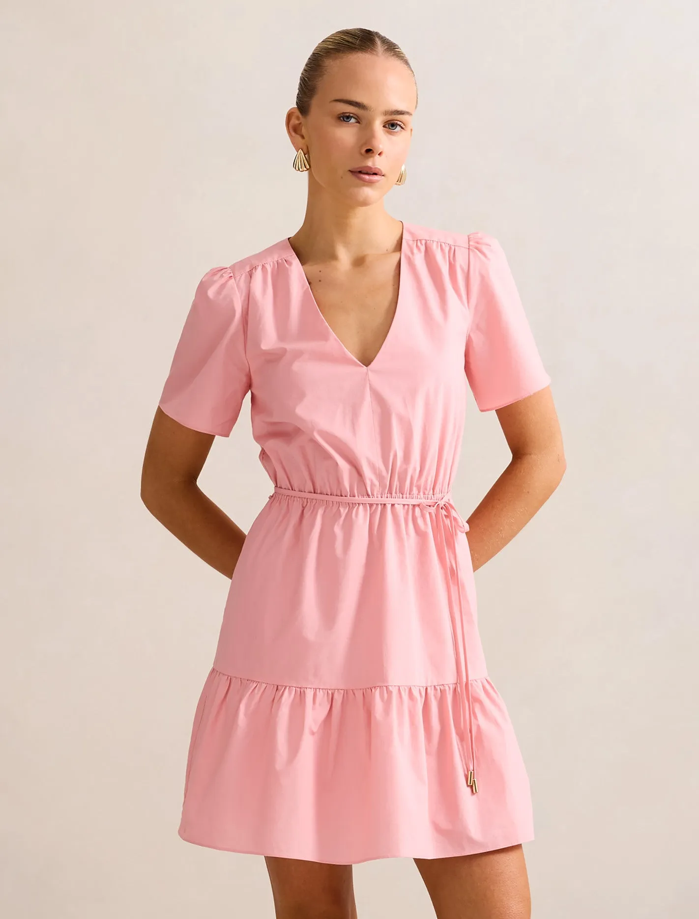 Hattie Short Sleeve Cotton Mini Dress Reinforced Hemline