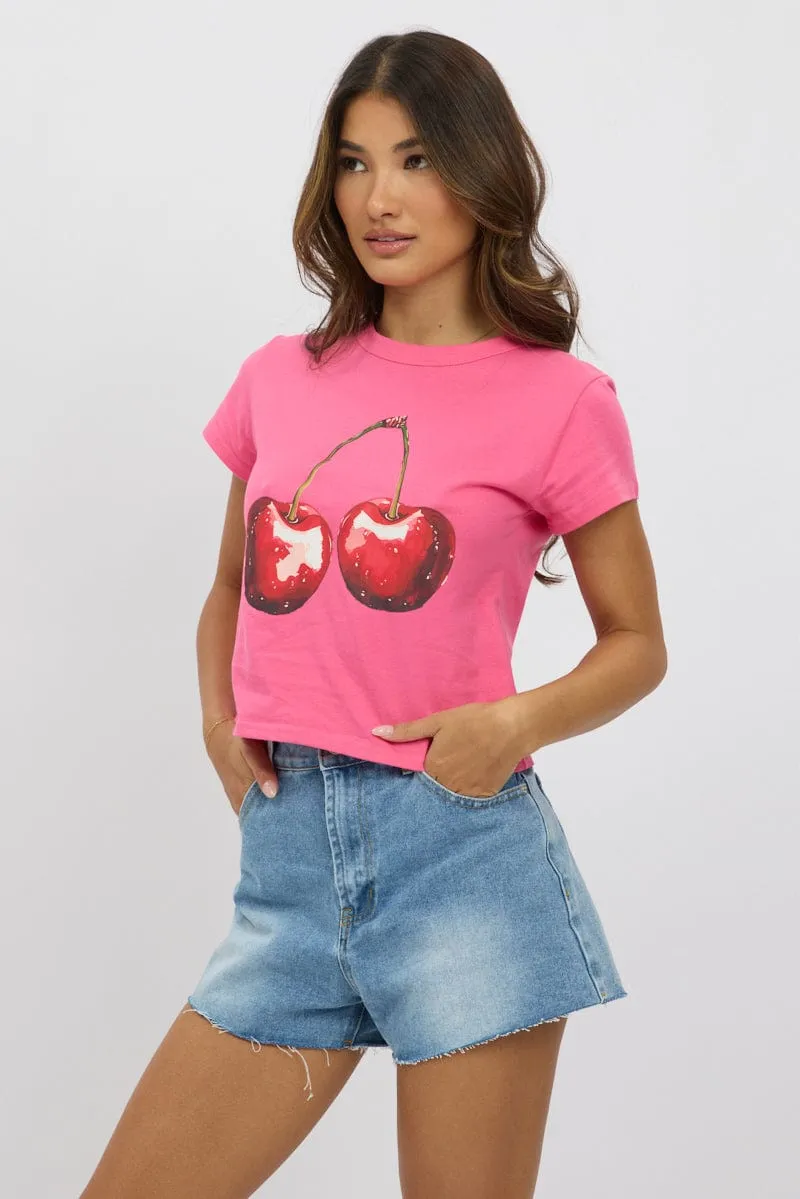 Comfortable Layer Pink Graphic Tee Short Sleeve