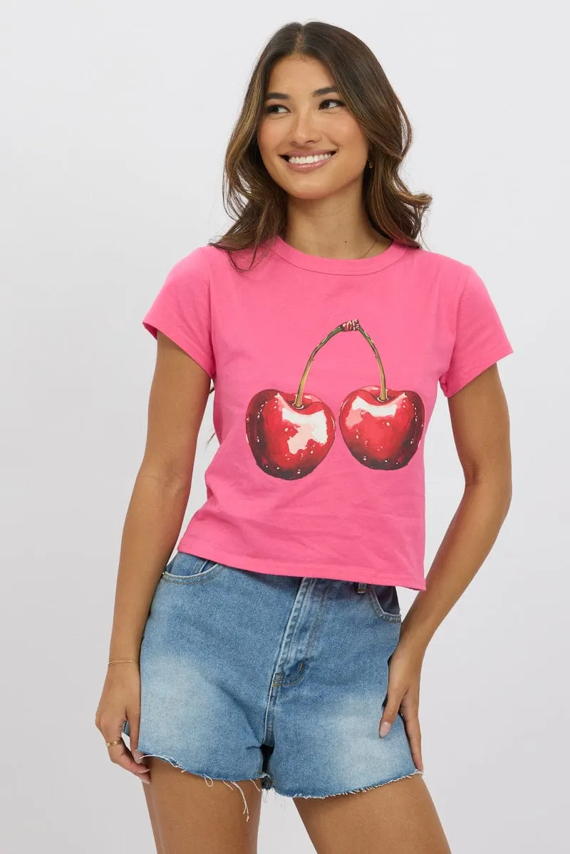 Comfy Layer Wear Sophisticated Casual Pink Graphic Tee Short Sleeve