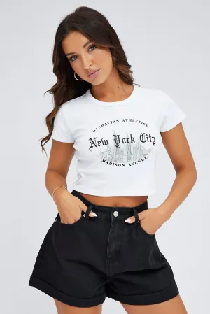 White Graphic Baby Tee Short Sleeve Round Neck Cozy Look