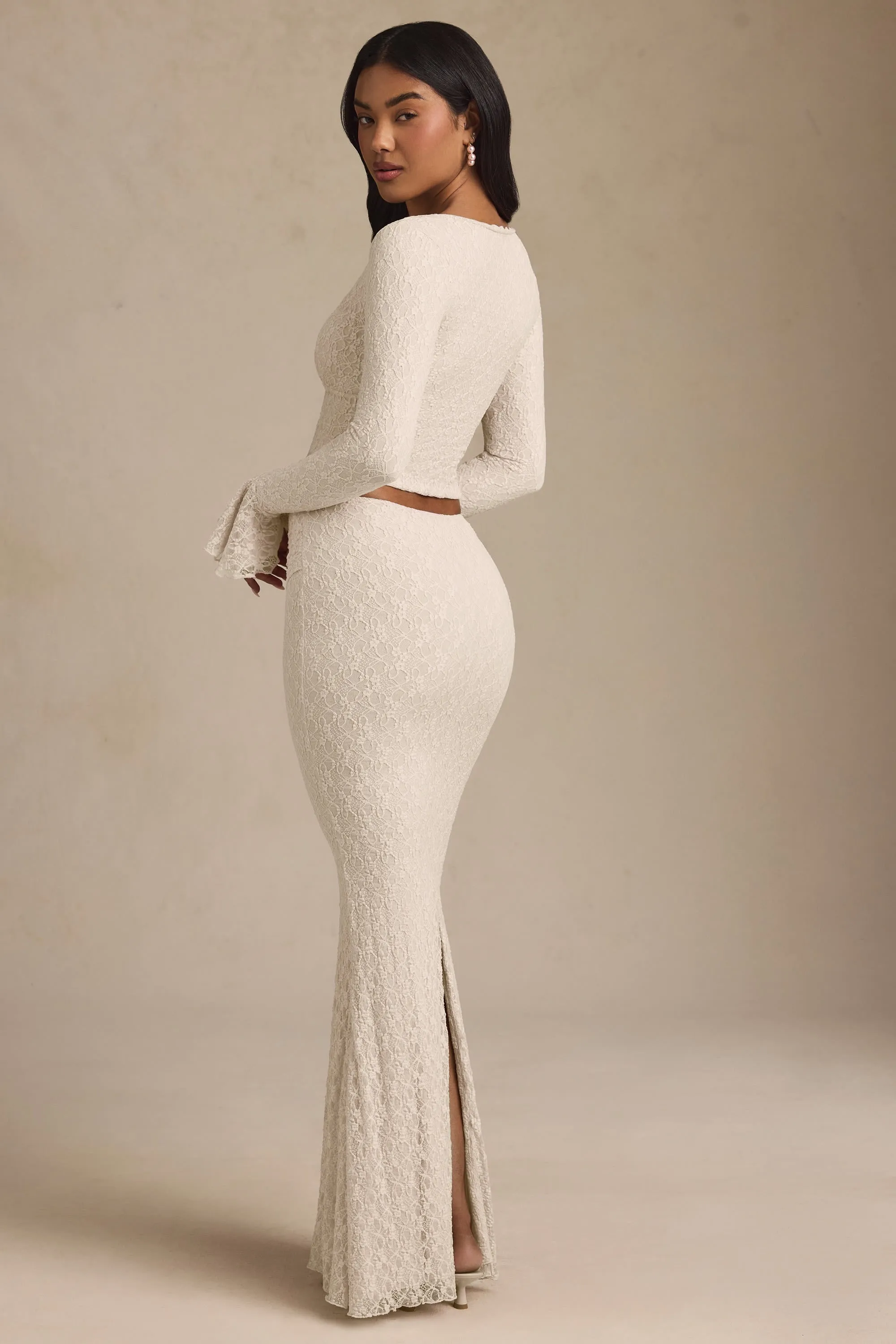 Inverted Pleats Draped Low-Rise Lace Maxi Skirt in Ivory