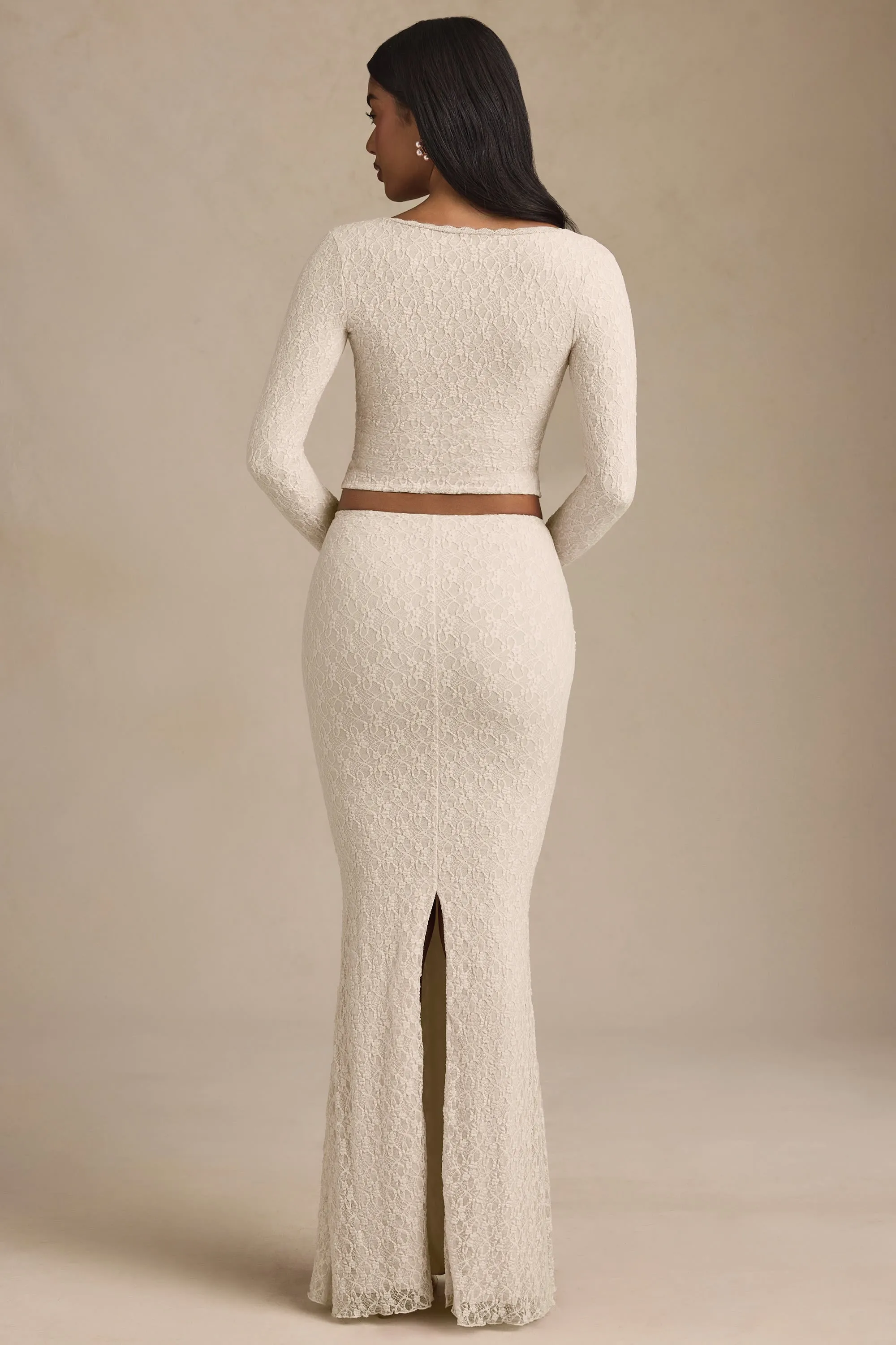 Weekend Style birthday party Draped Low-Rise Lace Maxi Skirt in Ivory