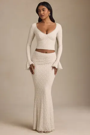 Slip Resistant Waist Edgy Look Draped Low-Rise Lace Maxi Skirt in Ivory