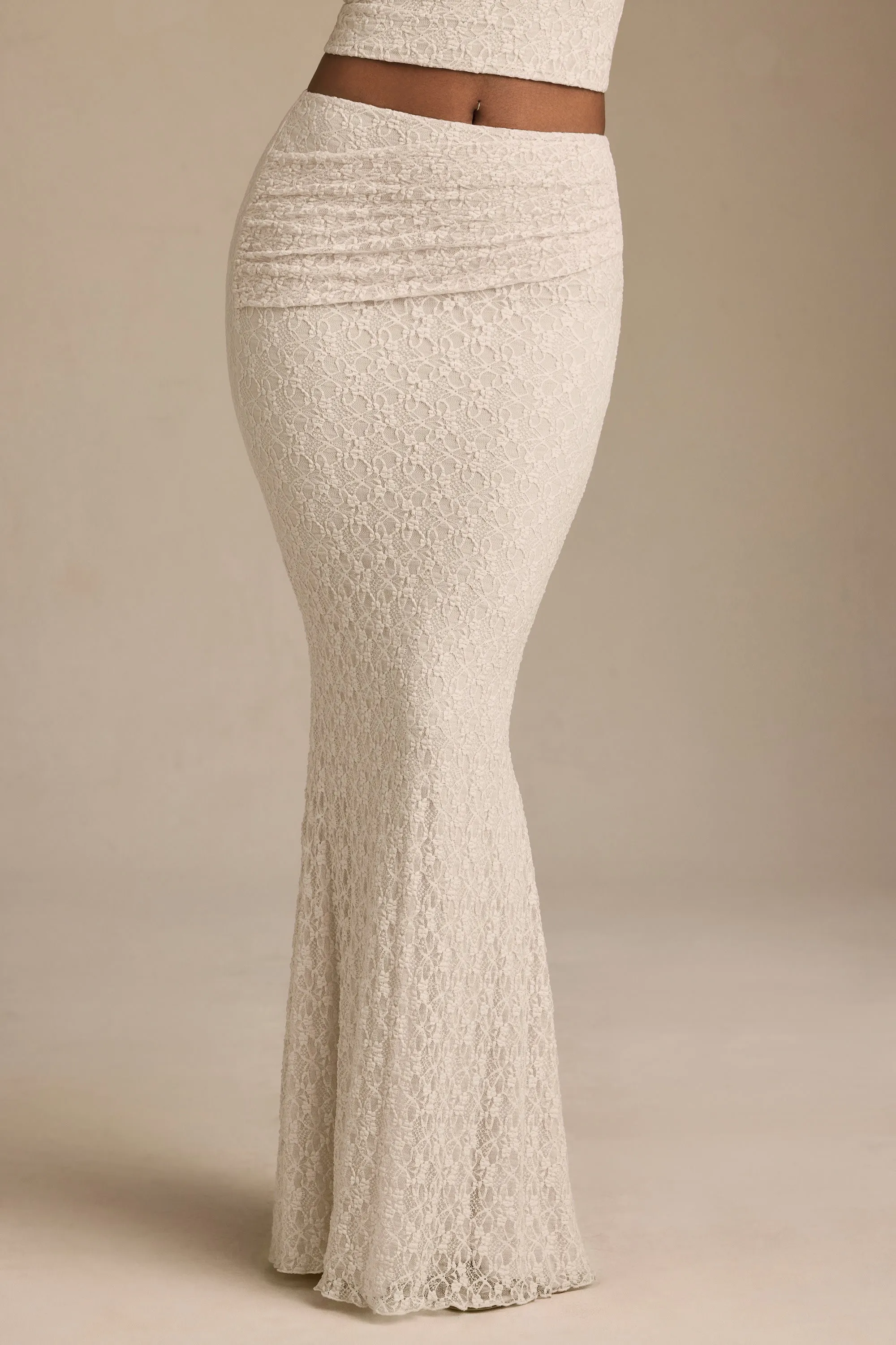 Draped Low-Rise Lace Maxi Skirt in Ivory Tassel accents Fashion Pulse