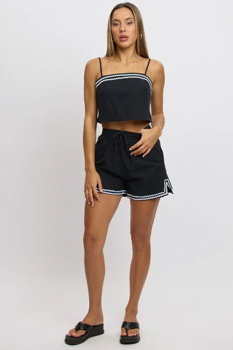 Black Shorts Elasticated Waist Ric Rac Soft Texture Animal Print