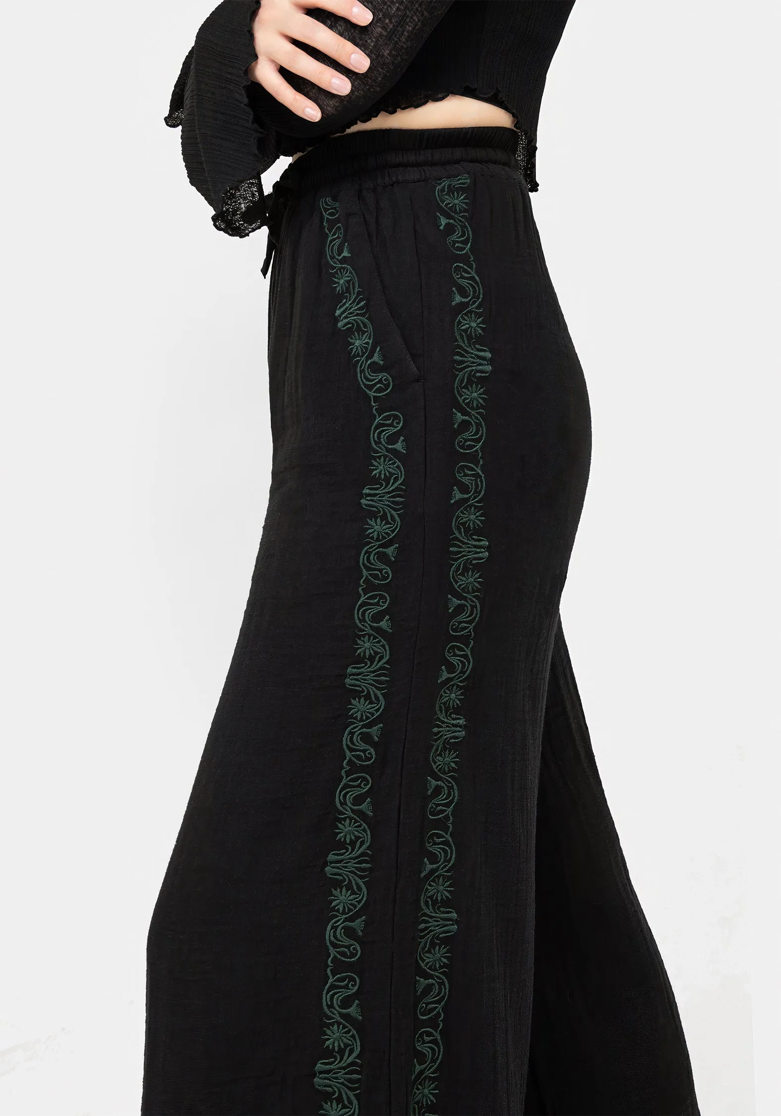 Damiana Embroidered Cotton Trousers Flat Lock Stitching