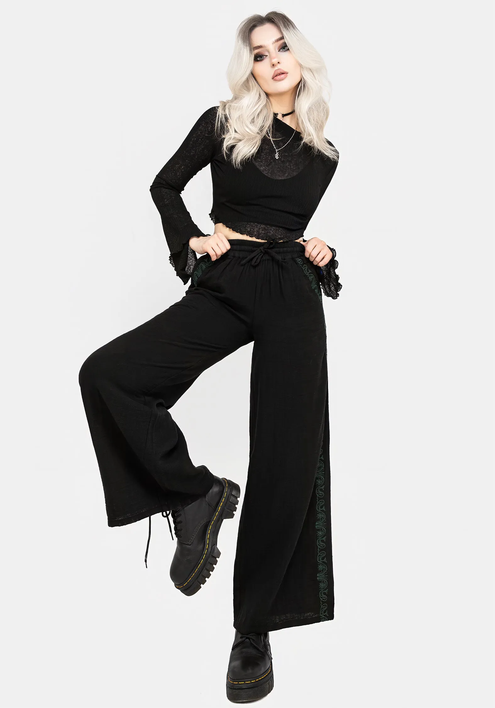 Damiana Embroidered Cotton Trousers Easy Travel Soft Brushed Lining