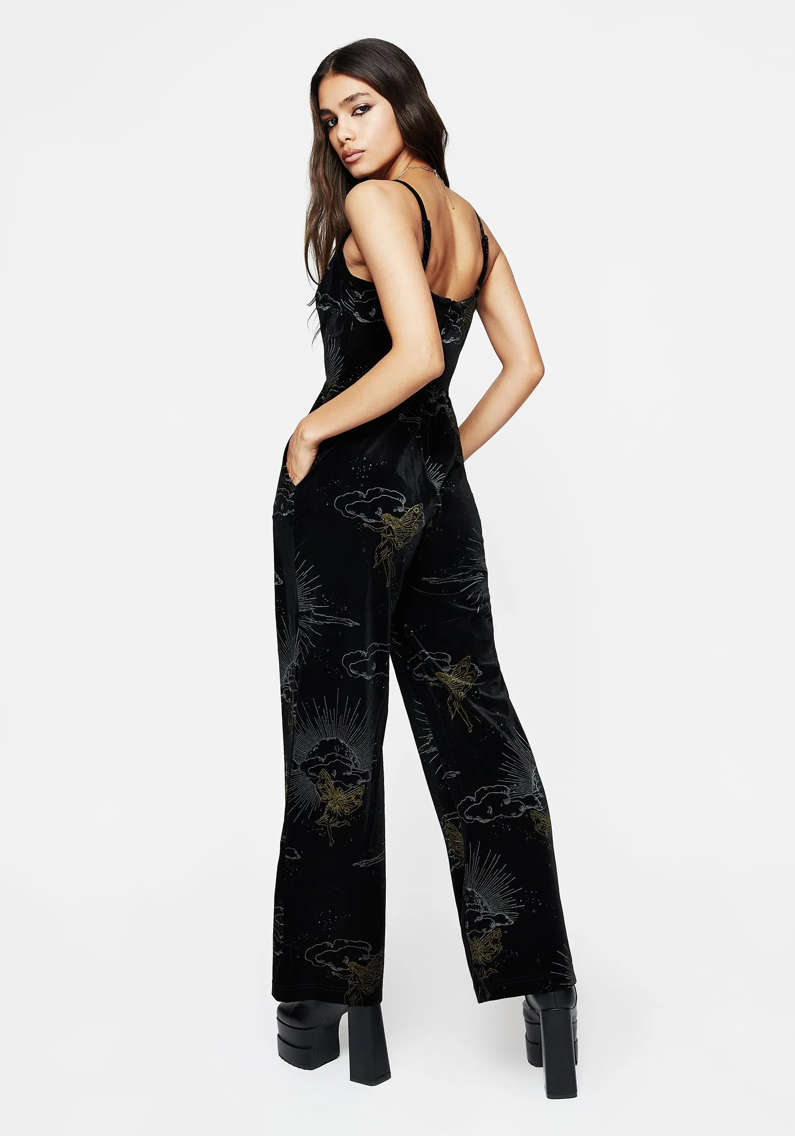 Adelina Foil Print Velour Cami Jumpsuit Anti Pilling Textile