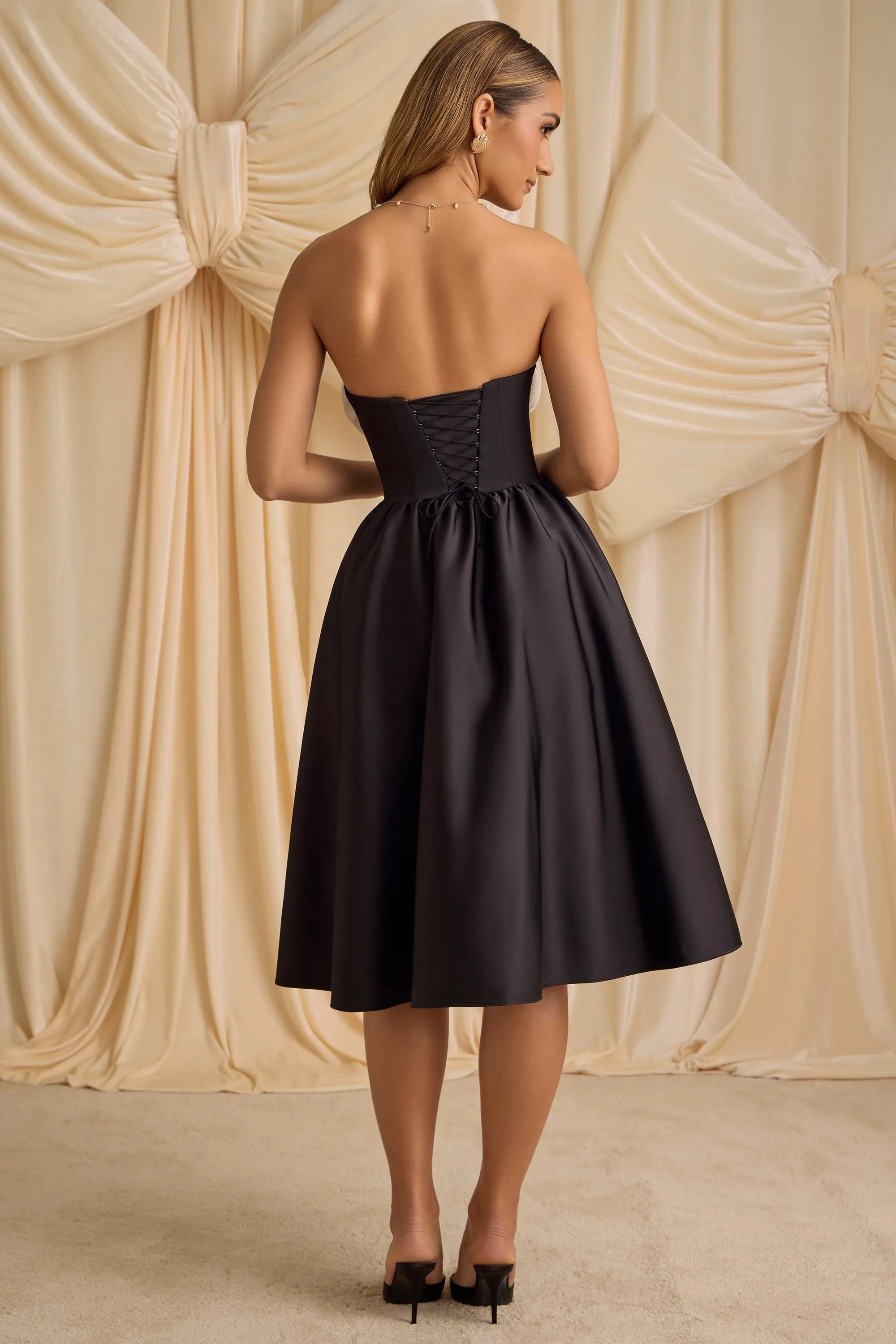 Chic dinner outfit Ball Night Strapless Corset Midi Dress in Black