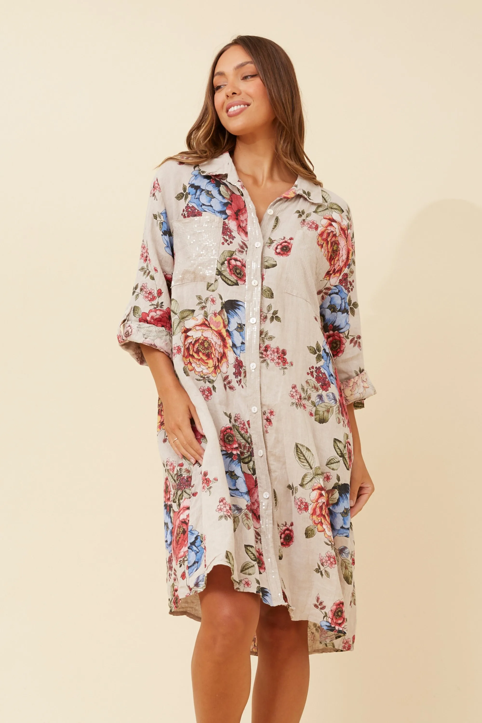 Sophisticated Style ELYSIA FLORAL LINEN SHIRT DRESS