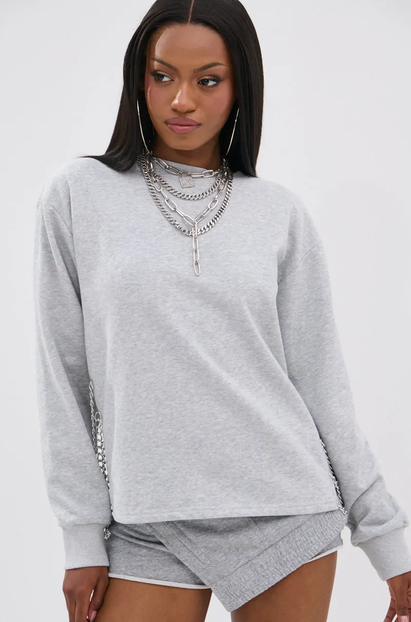 Modern Aesthetic Minimal Fit OPEN BACK CHAIN DETAIL SWEATSHIRT IN GREY
