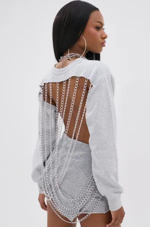 OPEN BACK CHAIN DETAIL SWEATSHIRT IN GREY scarf accents