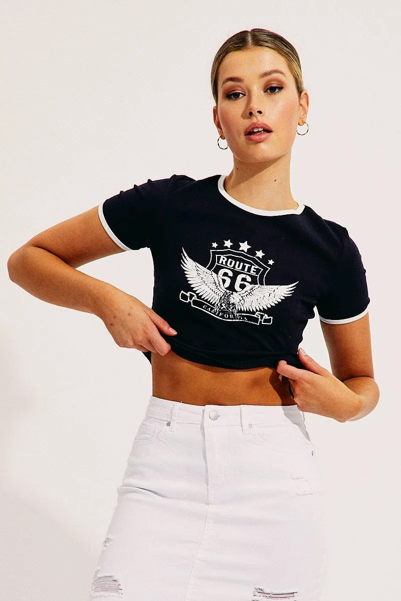 Blue T Shirt Short Sleeve Crew Neck Contrast Airflow Ventilation Design Circular Knit Design