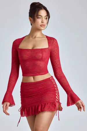 Feminine Charm Lace Ruffle Mini Skirt in Cherry Red