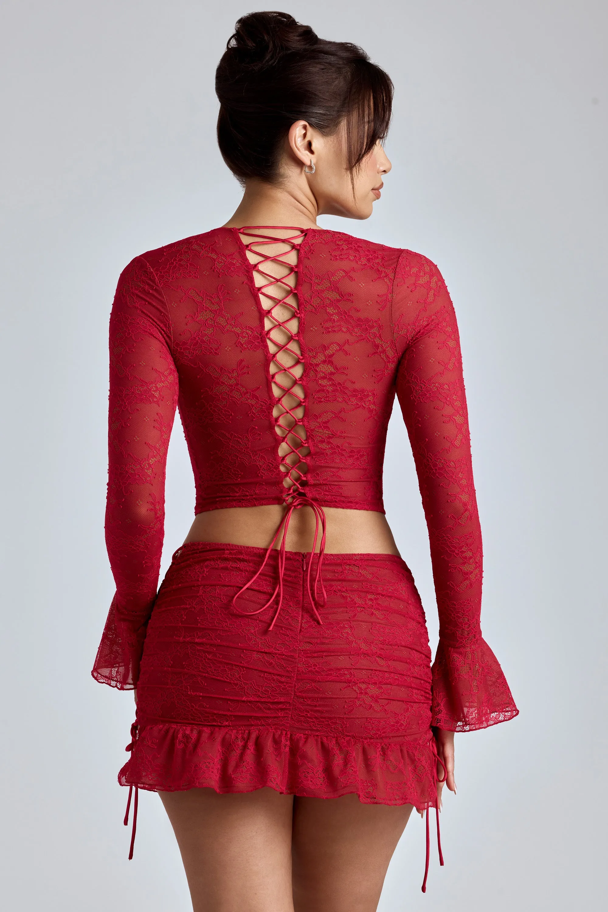 Lace Ruffle Mini Skirt in Cherry Red Lightweight Lining A Line Cut