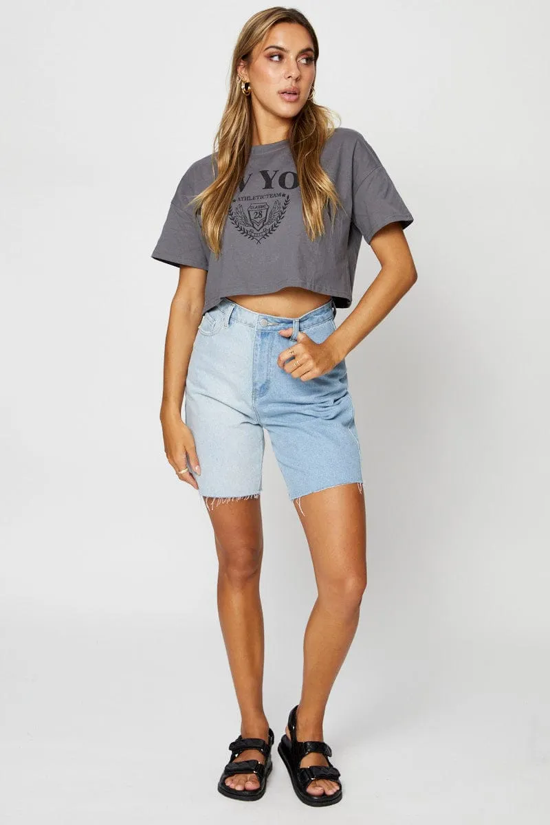 Spring Wear Grey Graphic T-Shirt Short Sleeve
