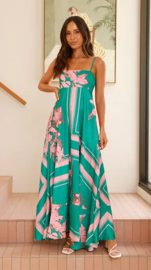 The relaxed fit of this maxi dress ensures all-day comfort while maintaining a stylish look Window Glow Kaethe Maxi Dress - Green/Pink Floral