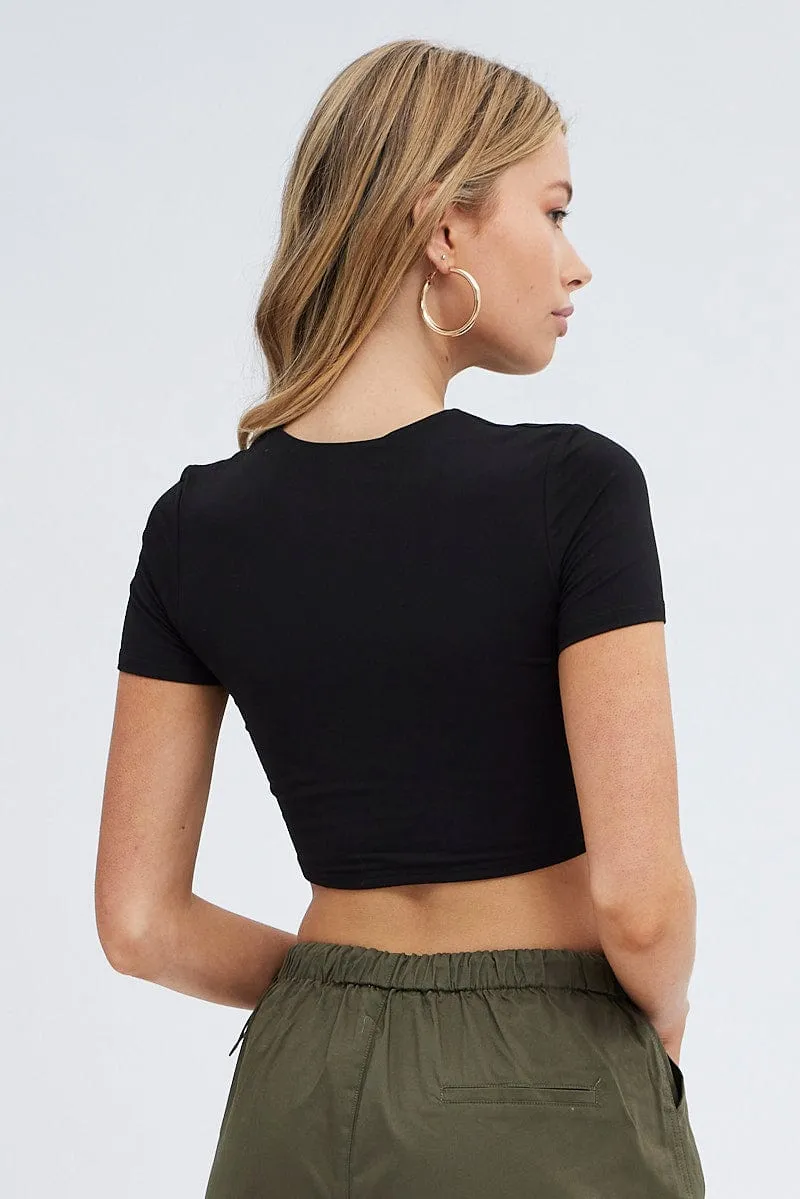 Black T Shirt Short Sleeve Crew neck Late Breeze Adjustable drawstring