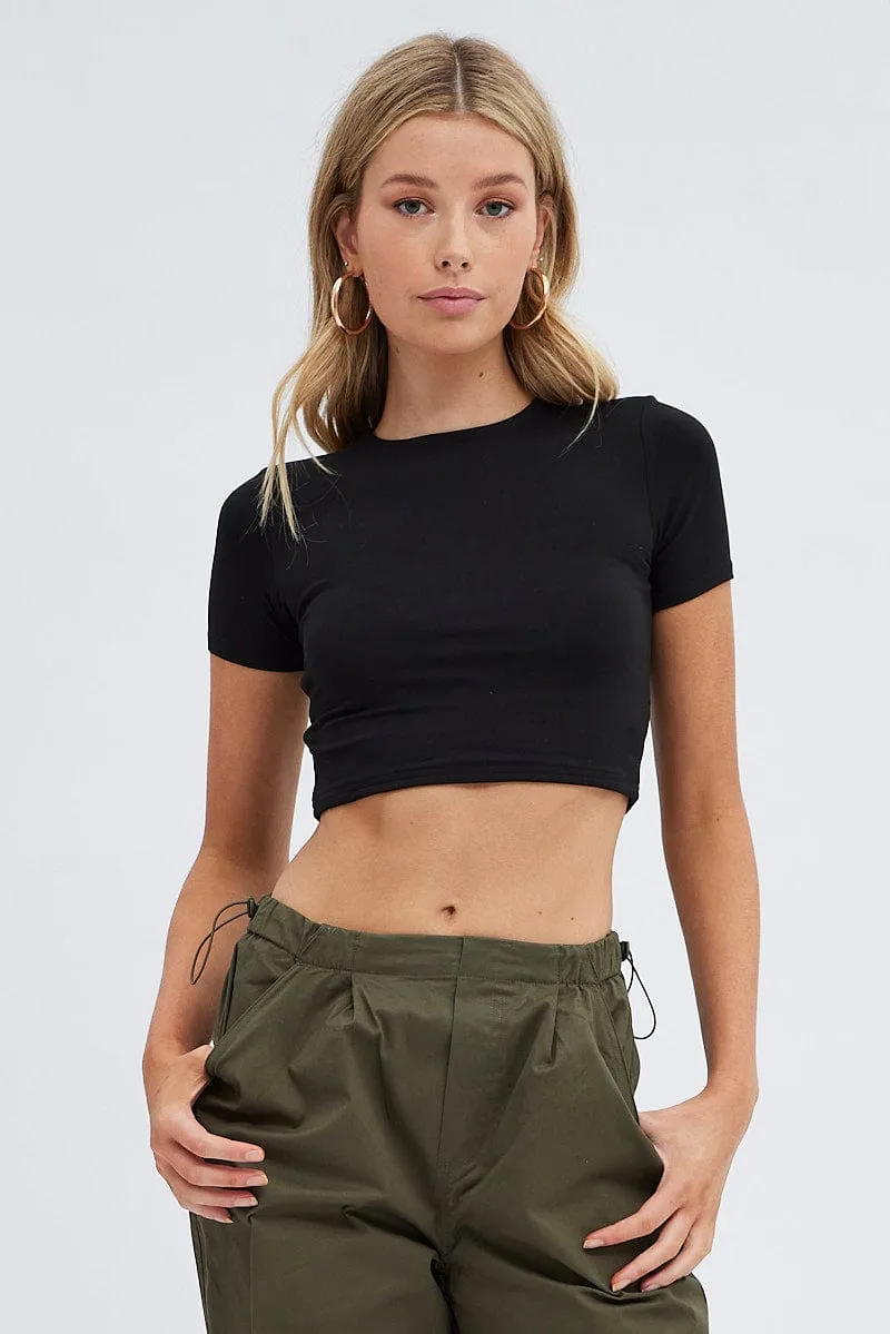 Black T Shirt Short Sleeve Crew neck Basic Wardrobe Sharp Cut