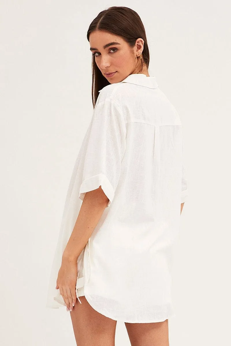 Gloss Glow White Long Line Roll Sleeve Collared Button Front Shirt