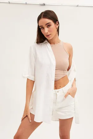TagFreeDesign White Long Line Roll Sleeve Collared Button Front Shirt