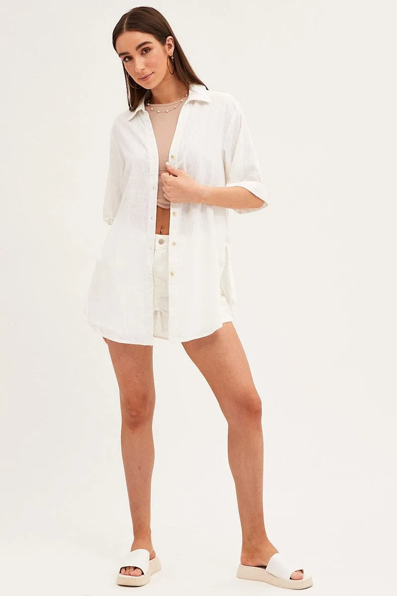 Cozy Fit Effortless Fashion White Long Line Roll Sleeve Collared Button Front Shirt