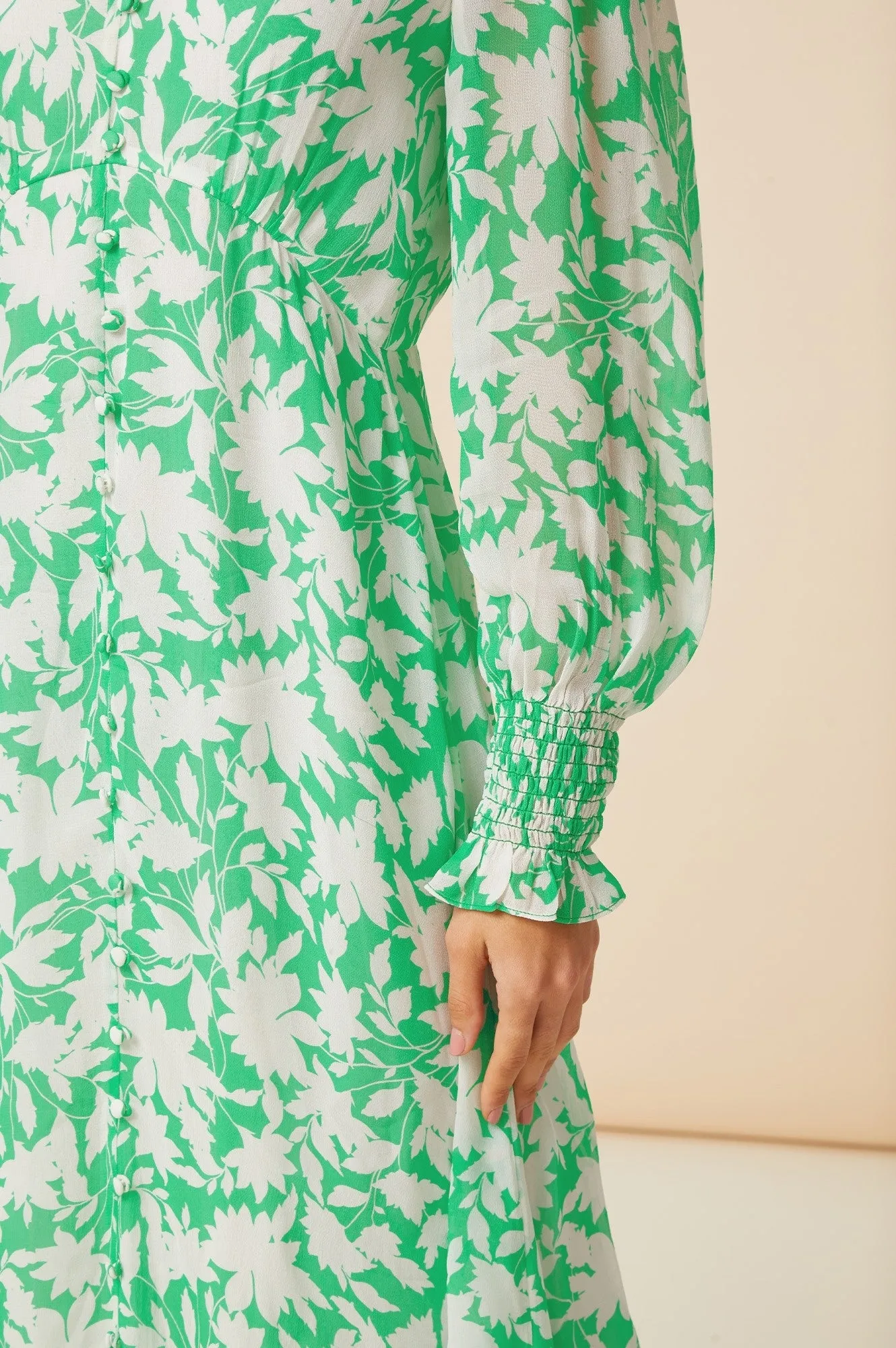 Long Sleeve Sally Anne Dress | Clematis Vines Green/Ivory Casual chic midi Taxi Line